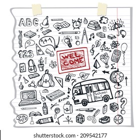 Back to School  doodles Supplies Sketchy Notebook pattern.Icons with Hand Drawing elements.Illustration,background,backdrop,Vector Design template.Teachers day.Baby style,Education linear sketch