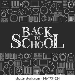 Back to school doodles with text on gray background, vector illustration