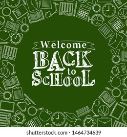 Back to school doodles with text on green background, vector illustration