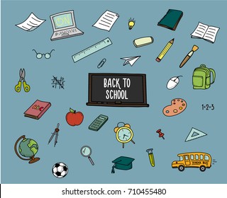 Back to School doodles. Vector hand drawn icons - school and classroom related objects