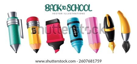Back to school drawing 3d pen elements clipart set. School pen drawing and writing tool elements like pencil, marker, highlighter, crayon, color pencil, fountain pen and paint brush clip art 