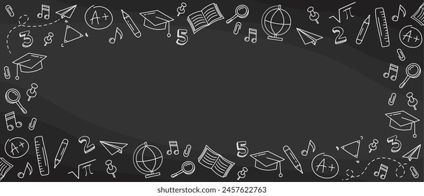 Back to school drawing background on blackboard. Doodle Background with hand drawn school supplies. School Elements on chalkboard. Drawing with chalks on a blackboard. Banner design.