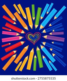  Back to school.  Drawing collection for artwork. Vector illustration. The background is a solid blue. The artwork is creative and playful. I like to draw with colored pencils. children school education. A row of colored pencils are arranged in a circle. The pencils are of different colors and sizes, and they are all lined up next to each other. The arrangement of the pencils creates a sense of unity. Background on the theme of school, grammar, education, learning, literacy, spelling.  