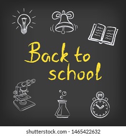 Back to school drawings . Education drawn signs lamp idea ring book easel microscope test tube stopwatch building on black background. Lesson drawing sketch objects