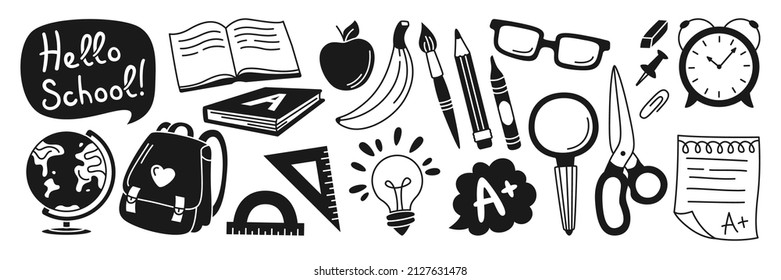 Back to School drawn glyph stamp set. Learning school supplies doodle stencil print kit. Education concept objects for student, scissors backpack, light bulb idea, clock, lunch and globe, press vector