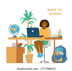 Back To School During Coronavirus Pandemic Concept. Smiling Afro American Girl Sitting At Desk In Front Of Laptop Studying. School Backpack With School Supplies, Globe. Flat Vector Illustration.