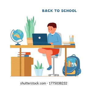 Zurück zur Schule während der Pandemie-Konzept. Lächelnder Junge sitzend am Schreibtisch vor dem Laptop Lernen. Schulrucksack mit Schulbedarf, Globus. Flache Vektorgrafik.