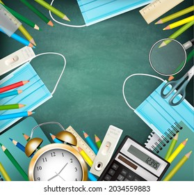 Back to school during with pandemic coronavirus. Chalkboard with school supplies and medical masks and rapid test tube. Vector
