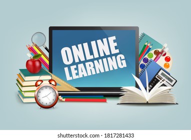 Back to school during with pandemic Covid-19. Back to online school. E-learning concept. School supplies with a notebook.  Vector.