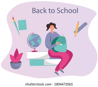 Back to School during Quarantine.Backpack, Pencil, Book and Brush.Student Character Wearing with Studying Supplies.Education in Covid19 Pandemic.Social Distancing.Flat Vector Illustration