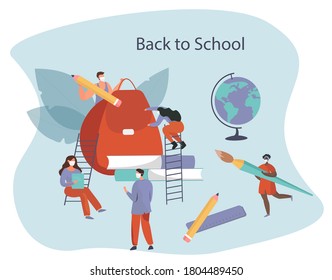 Back to School during Quarantine.Backpack, Pencil, Book and Brush.Students Characters Wearing Face Masks with Studying Supplies.Education in Covid19 Pandemic.Social Distancing.Flat Vector Illustration