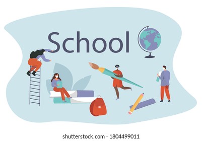 Back to School during Quarantine.Backpack, Pencil, Book and Brush.Students Characters Wearing Face Masks with Studying Supplies.Education in Covid19 Pandemic.Social Distancing.Flat Vector Illustration