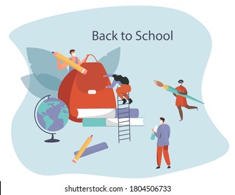 Back to School during Quarantine.Backpack, Pencil, Book and Brush.Students Characters Wearing Face Masks with Studying Supplies.Education in Covid19 Pandemic.Social Distancing.Flat Vector Illustration