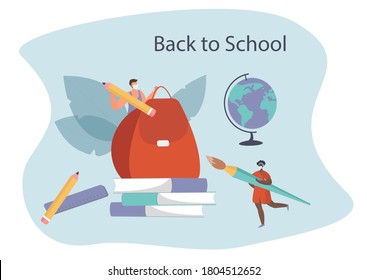 Back to School during Quarantine.Backpack, Pencil, Book and Brush.Students Characters Wearing Face Masks with Studying Supplies.Education in Covid19 Pandemic.Social Distancing.Flat Vector Illustration