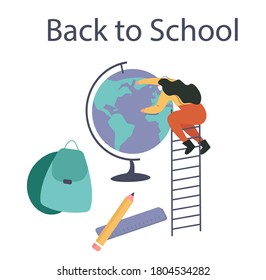 Back to School during Quarantine.Backpack, Pencil, Book and Brush.Student Character Wearing Face Masks with Studying Supplies.Education in Covid19 Pandemic.Social Distancing.Flat Vector Illustration