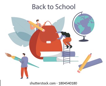 Back to School during Quarantine.Backpack, Pencil, Book and Brush.Students Characters Wearing Face Masks with Studying Supplies.Education in Covid19 Pandemic.Social Distancing.Flat Vector Illustration