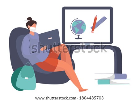 Back to School during Quarantine.Backpack, Pencil, Book and Brush.Student Character Wearing Face Masks with Studying Supplies.Onine Education in Covid19 Pandemic.Flat Vector Illustration