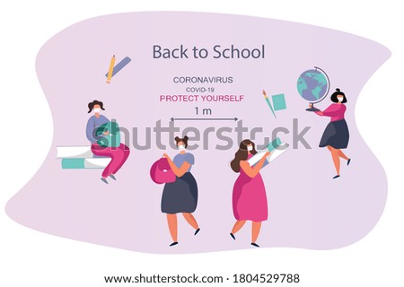 Back to School during Quarantine.Backpack, Pencil, Book and Brush.Students Characters Wearing Face Masks with Studying Supplies.Onine Education in Covid19 Pandemic.Flat Vector Illustration