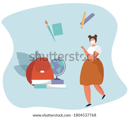 Back to School during Quarantine.Backpack, Pencil, Book and Brush.Student Character Wearing Face Masks with Studying Supplies.Onine Education in Covid19 Pandemic.Flat Vector Illustration