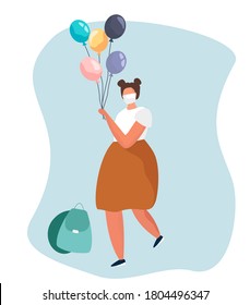 Back to School during Quarantine.Student Character Wearing Face Masks with Studying Supplies.Onine Education in Covid19 Pandemic.Flat Vector Illustration