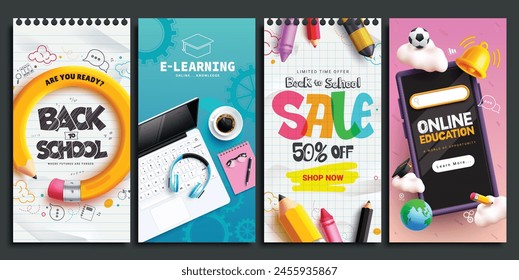 Back to school e learning vector poster set design. Back to school online education with laptop computer, mobile phone digital device, pencil and color elements educational out collection. Vector 