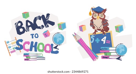 Back to school and early kids education banners set, flat vector illustration isolated on white background. Design for kids online educational courses and classes, homeschooling.