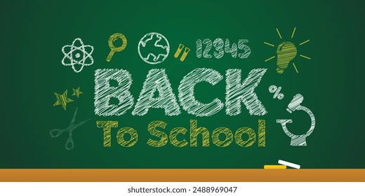 Back to school. Earth, lamp and more. Great for cards, banners, posters, social media and more. Green background.