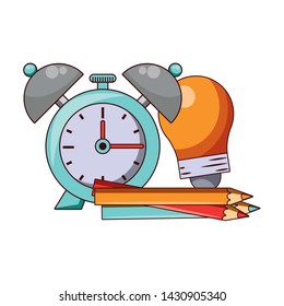 Back to school education alarm clock and bulb light with pencils cartoons vector illustration graphic design