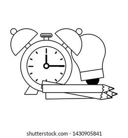 Back to school education alarm clock and bulb light with pencils cartoons vector illustration graphic design
