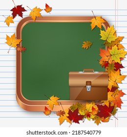 Back to school, education autumn style vector illustration. Green square chalkboard background with colorful leaves