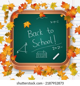 Back to school, education autumn style vector illustration. Green square chalkboard background with colorful leaves