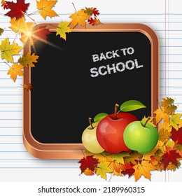 Back to school, education autumn style vector illustration. Black square chalkboard background with colorful leaves