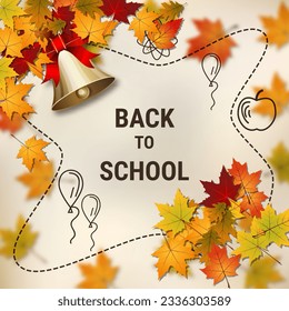 Back to school, education autumn style vector illustration. Old paper background with colorful leaves and golden bell