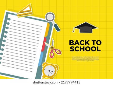 Back to school education background with big book note, ruler, magnifier, graduation hat, clock and scissor isolated on yellow color.