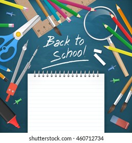 back to school education background. Blank notepad paper on chalkboard with school supplies. vector illustration. isolated object.