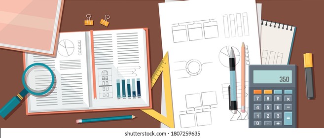 De vuelta a la escuela, formación educativa. Libros, calculadora y otros útiles escolares sobre la mesa. Vista superior. Ilustración vectorial