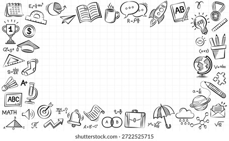 Voltar ao plano de fundo de educação escolar com quadro de ícones de rabiscar desenhados à mão. Ciência e matemática aprendendo esboço fronteira no papel de grade branco para o layout da nota do aluno e apresentação do estudo.