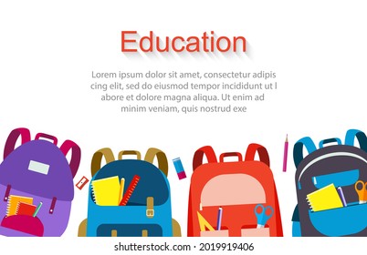 Back to school and education background with schoolbags set and supplies, vector illustration. Can be used for web banner, backdrop, ad, promotion. Layout template