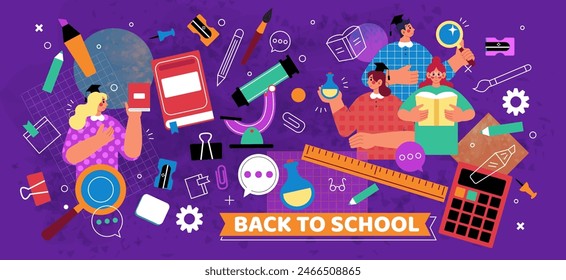 Back to school. Education background. University students. Read books. Chemistry lab. Stationery for studying. Children with magnifier and textbooks. Lessons learning. Vector tidy smart schoolchildren