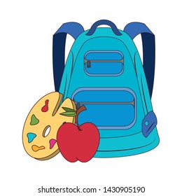Back to school education backpack apple and paint palette cartoons vector illustration graphic design