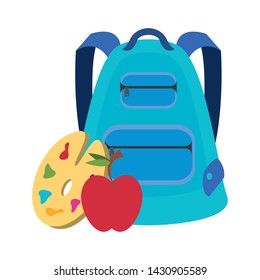 Back to school education backpack apple and paint palette cartoons vector illustration graphic design