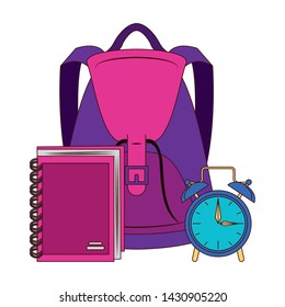 Back to school education backpack and book with alarm clock cartoons vector illustration graphic design