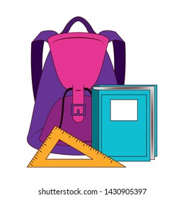 Back to school education backpack and book with ruler cartoons vector illustration graphic design