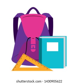 Back to school education backpack and book with ruler cartoons vector illustration graphic design