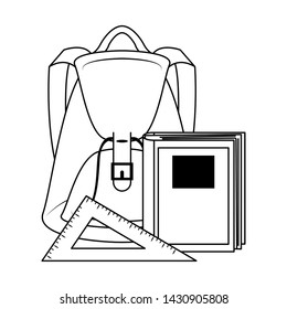Back to school education backpack and book with ruler cartoons vector illustration graphic design