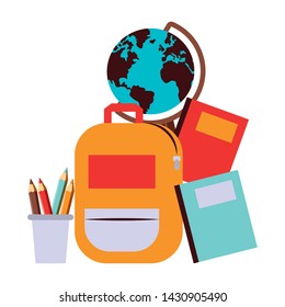 Back to school education backpack and books with pencils in cup and world globe cartoons vector illustration graphic design