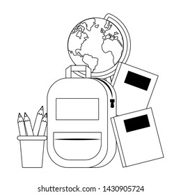 Back to school education backpack and books with pencils in cup and world globe cartoons vector illustration graphic design