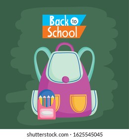 back to school education backpack and box with color pencils vector illustration