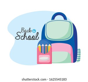 back to school education backpack and colored pencils in box vector illustration