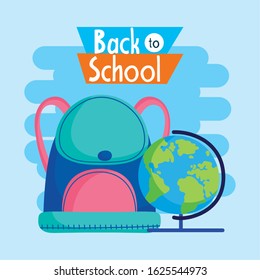 back to school education backpack and globe map geography vector illustration